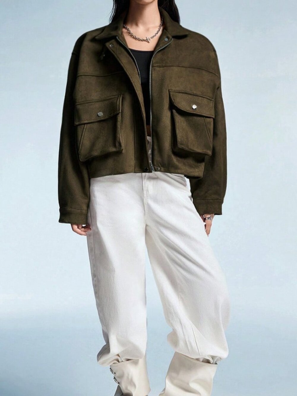 Army Green Casual Women's Suede Lapel Symmetrical Pocket Jacket - Picture 3 of 6
